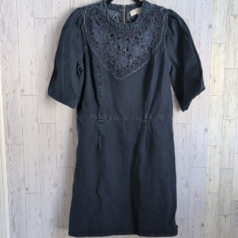Sea Dark Blue Denim Elbow Sleeve Dress with Embroidery